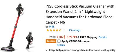 Amazon Canada Deals: Save 35% on INSE Cordless Stick Vacuum Cleaner with Coupon + 40% on Shower Head