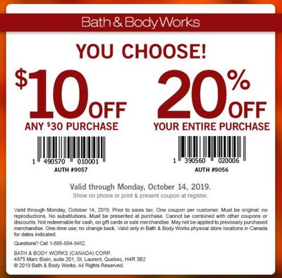 Bath & Body Works Canada Deals: 20% Off Everything or $10 Off Any $30 Coupon + 50% Off Many Items +  BOGO FREE on 3-Wick Candles + More!