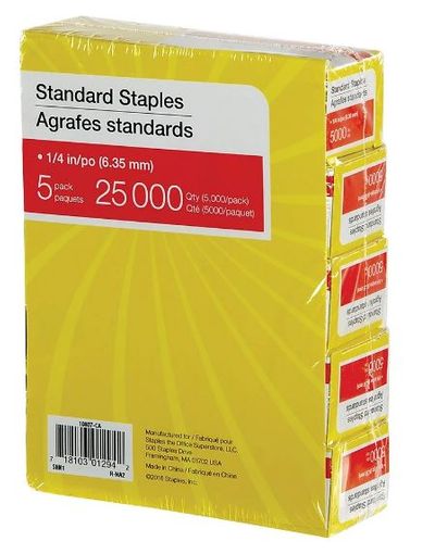 Standard Staples, 1/4" Leg Length, 25,000 Pack For $3.99 At Staples Canada 