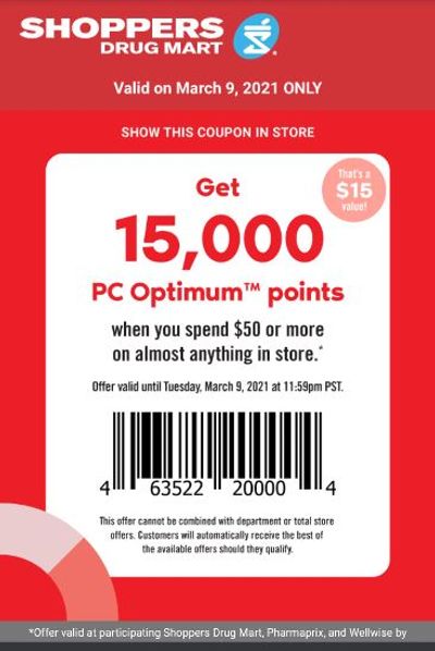 Shoppers Drug Mart Canada Tuesday Text Offers: Get 15,000 PC Optimum Points When You Spend $50