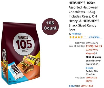 Amazon Canada Deals Of The Day: Save 30% on Hershey’s 105 Count Stock-Up Bag + 20% on Organic Cotton Sheets from Casa Platino