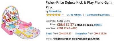 Amazon Canada Deals: Save 42% on Fisher-Price Deluxe Kick & Play Piano Gym + 49% on Charmin Ultra Soft Toilet Paper, 20 Mega Rolls with Coupon