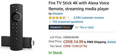 Amazon Canada Deals: Save 21% Off on Fire TV Stick 4K with Alexa Voice Remote, Streaming Media Player for $54.99