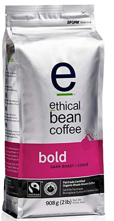 Ethical Bean Fair Trade Organic Coffee, Bold Dark Roast, Whole Bean Coffee - 908g (2lb) Bag For $12.62 At Amazon Canada 