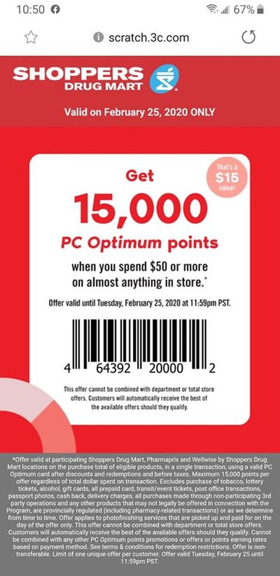Shoppers Drug Mart Canada Tuesday Text Offer: Get 15,000 PC Optimum Points When You Spend $50