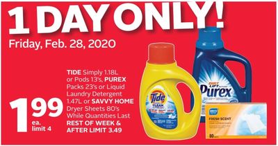 Rexall Canada Offers, Today Get Tide 1.18L or Purex 1.47L or Savvy Home Dryer Sheets for $1.99 each + 3 Days Flyer Deals