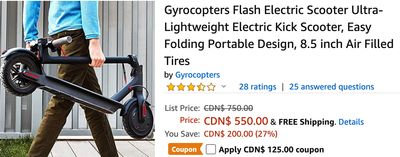 Amazon Canada Deals: Save 43% on Gyrocopters Flash Electric Scooter Ultra-Lightweight Electric Kick Scooter with Coupon Code + 26% on Chlage Keypad Entr