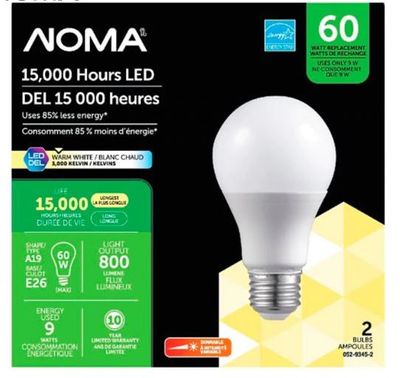 NOMA 60W A19 LED Lightbulbs, Soft White, 2-pk for $3.00 At Canadian Tire