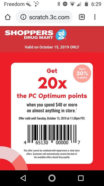 Shoppers Drug Mart Canada Tuesday Text Offer: Get 20x The PC Optimum Points When You Spend $40