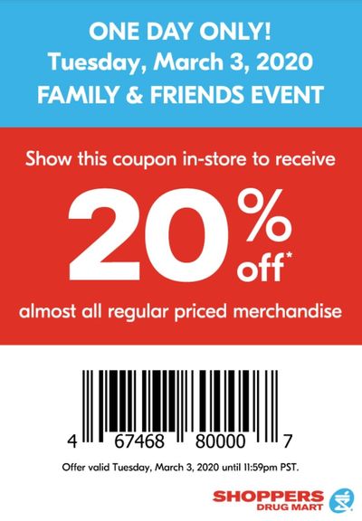Shoppers Drug Mart Canada Family & Friends Event Save 20% Off on March 3