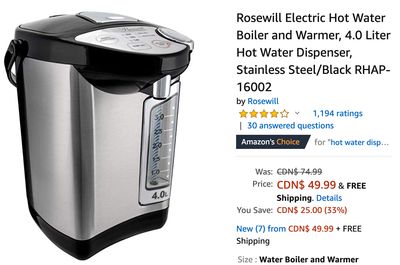Amazon Canada Deals: Save 33% on Rosewill Electric Hot Water Boiler and Warmer, 4.0 Liter + 27% on Nostalgia Hard & Sugar-Free Candy Cotton Candy Maker