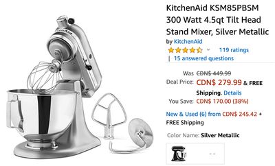 Amazon Canada Deals: Save 38% on KitchenAid 4.5qt Tilt Head Stand Mixer + More