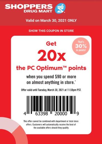 Shoppers Drug Mart Canada Tuesday Text Offer: Get 20x The PC Optimum Points When You Spend $90