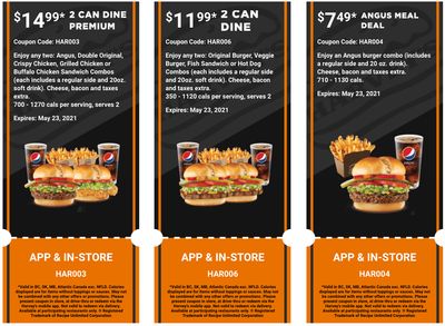 Harvey’s Canada Coupons (BC, SK, MB, Atlantic Canada exc. NFLD): until May 23