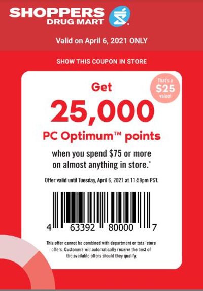 Shoppers Drug Mart Canada Tuesday Text Offer: 25,000 PC Optimum Points When You Spend $75
