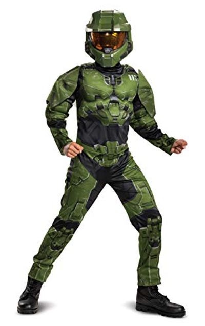 Halo Infinite Master Chief Costume, Kids Size Muscle Padded Video Game Inspired Character Jumpsuit, Child Size Large (10-12)