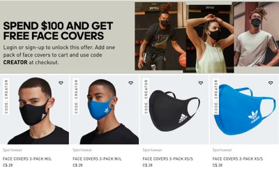 adidas Canada Promotions: FREE Face Covers When You Spend $100 (a Value of $28) with Coupon Code