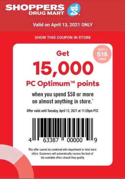 Shoppers Drug Mart Canada Tuesday Text Offer: Get 15,000 PC Optimum Points When You Spend $50