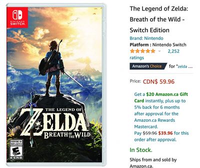 Amazon Canada Deals: Get The Legend of Zelda: Breath of the Wild – Switch Edition, for $59.96