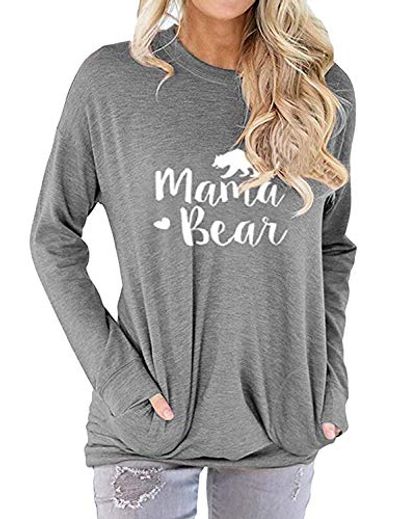 Freemale Womens Mama Bear Sweatshirt Long Sleeve Pullover Casual Pocket Blouses Grey