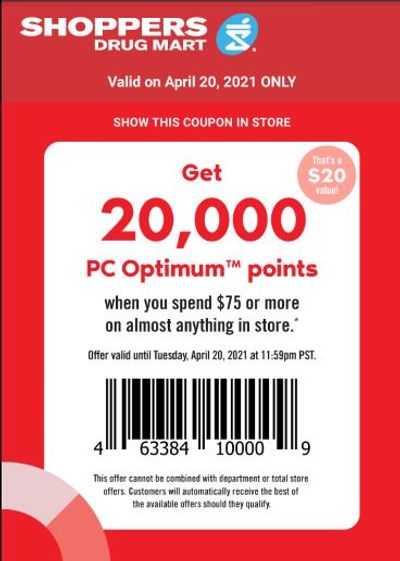 Shoppers Drug Mart Canada Tuesday Text Offer: 20,000 PC Optimum Points When You Spend $75
