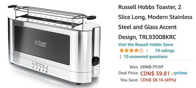 Amazon Canada Deals: Save 49% on Russell Hobbs Toaster, 2 Slice Long + 37% on Espresso Machine + 73% on Wireless Earbuds in-Ear with Coupon + More Offers