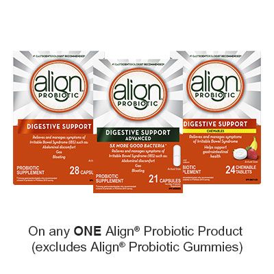 Save $3.00 when you buy any ONE Align® Probiotic Product (excludes Align® Probiotic Gummies and trial/travel size, value/gift/bonus packs)