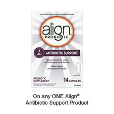 Save $2.00 when you buy any ONE Align® Antibiotic Support product (excludes trial/travel size, value/gift/bonus packs) Save $2.00 when you buy any ONE Align® Antibiotic Support product (excludes trial/travel size, value/gift/bonus packs)