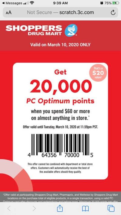 Shoppers Drug Mart Canada Tuesday Text Offer: 20,000 PC Optimum Point When You Spend $60