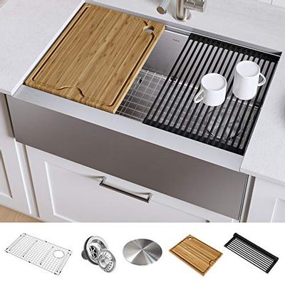 KRAUS KWF410-33 Kore Workstation 33-inch Farmhouse Flat Apron Front 16 Gauge Single Bowl Stainless Steel Kitchen Sink with Integrated Ledge and Accessories