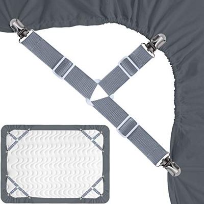 Siaomo Bed Sheet Holder Straps，Adjustable Fitted Bed Sheet Clips Fasteners 3 Way Elastic Suspenders Straps with Heavy Duty Grippers for Bed Sheets, Mattress Covers, Sofa Cushion(Gray,4 Pcs)