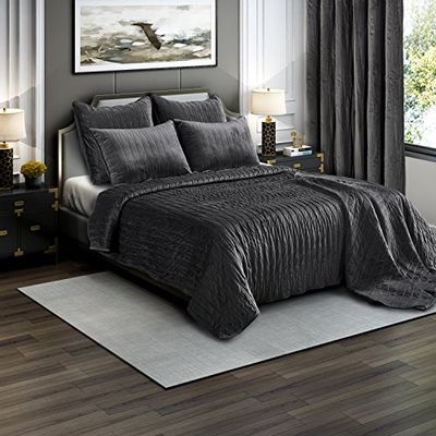Brielle Premium Heavy Velvet Quilt Set with Cotton Backing, Full/Queen, Charcoal
