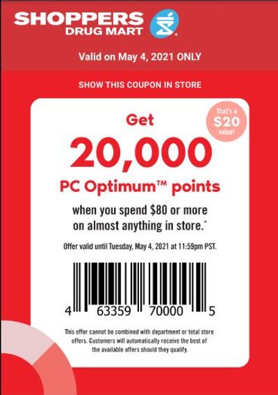 Shoppers Drug Mart Canada Tuesday Text Offer: Get 20,000 PC Optimum Points When You Spend $80