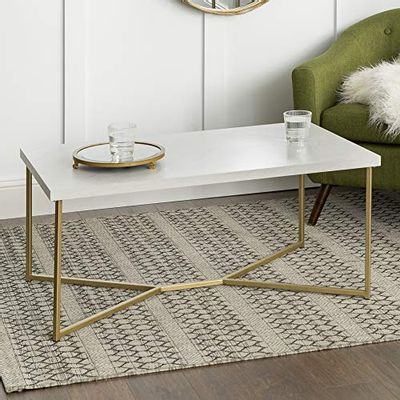 Walker Edison Furniture Short Rectangular Coffee Table Faux White Marble Top Gold Base