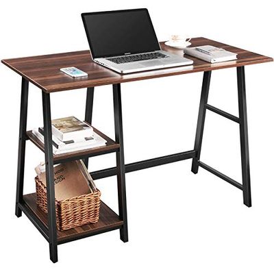 Computer Desk, QooWare 110cm Writing Desk with 2 Storage Shelves on Left or Right for Laptops, Modern Simple Study Wooden Desk with Metal Frame for Home Office, Supports Up to 68 kg