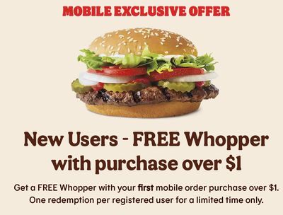 Burger King Canada Digital Coupons: Get FREE Whopper with Mobile Order, with $1 Minimum Purchase