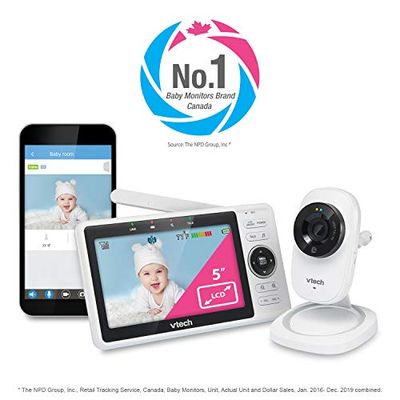VTech RM5752 Wireless WiFi Video Baby Monitor with Free Remote Access Myvtech Baby App for Viewing, 1080p HD Camera with 5-Inch Hd Touch Screen. Local or Remote 2-Way Talkback, White, One Size