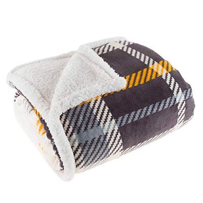 Lavish Home 61-00004-BL Fleece Sherpa Blanket Throw, Plaid Yellow/Grey