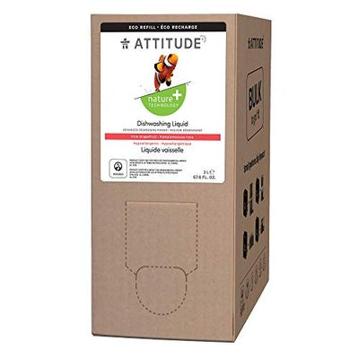 ATTITUDE Natural Dish Soap, ECOLOGO Certified Dishwashing Liquid Refill, Hypoallergenic and Biodegradable, Pink Grapefruit, 2 Liters