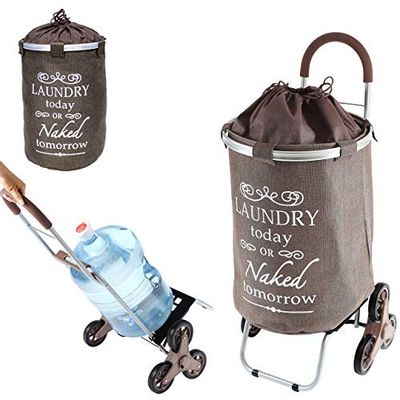 dbest Products Stair Climber Laundry Trolley Dolly, Brown Laundry Bag Hamper Basket Cart with Wheels Sorter