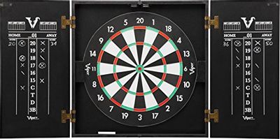 Viper Hideaway Cabinet & Steel-Tip Dartboard Ready-to-Play Bundle, Reversible Standard and Baseball Game Options with Two Sets of Steel-Tip Darts and Chalk Scoreboards, Black Matte Finish