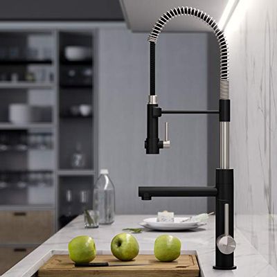 KRAUS Artec Pro™ Spot Free Finish 2-Function Commercial Style Pre-Rinse Kitchen Faucet with Pull-Down Spring Spout and Pot Filler, Stainless Steel/Matte Black