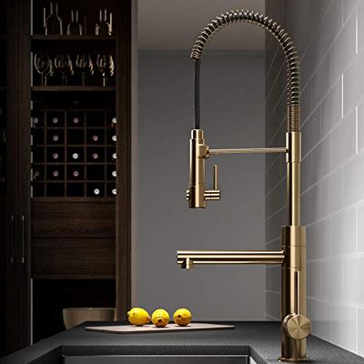 KRAUS Brushed Gold Artec Pro™ 2-Function Commercial Style Pre-Rinse Kitchen Faucet with Pull-Down Spring Spout and Pot Filler