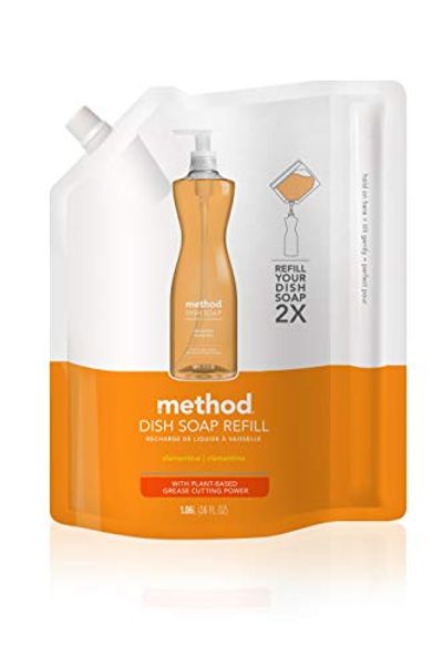 Method Liquid Dish Soap Refill, Plant-Based Dishwashing Liquid that Cuts Through Tough Grease for a Sparkling Clean, Clementine Scent, 1 Liter Bags, 2 Pack