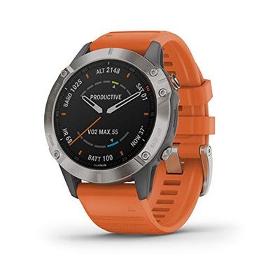 Garmin Fenix 6 Sapphire, Premium Multisport GPS Watch, Features Mapping, Music, Grade-Adjusted Pace Guidance and Pulse Ox Sensors, Titanium with Orange Band
