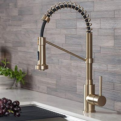 KRAUS Bolden™ Single Handle 18-Inch Commercial Kitchen Faucet with Dual Function Pull-Down Sprayhead in Brushed Gold Finish $324.22 (Reg $339.88)