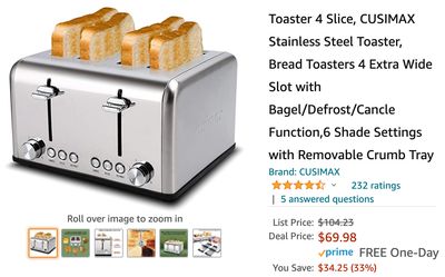 Amazon Canada Deals: Save 33% on Toaster 4 Slice + 47% on Tree Swing Set + More Offers