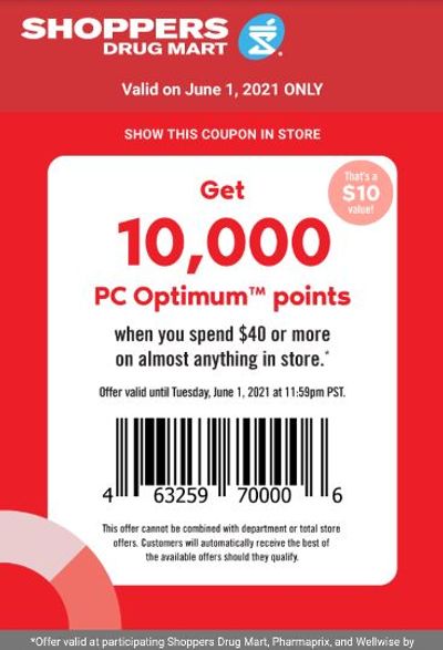 Shoppers Drug Mart Canada Tuesday Text Offers: Get 10,000 PC Optimum Points When You Spend $40