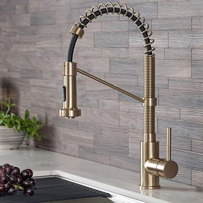 KRAUS Bolden™ Single Handle 18-Inch Commercial Kitchen Faucet with Dual Function Pull-Down Sprayhead in Brushed Gold Finish $290.3 (Reg $339.88)