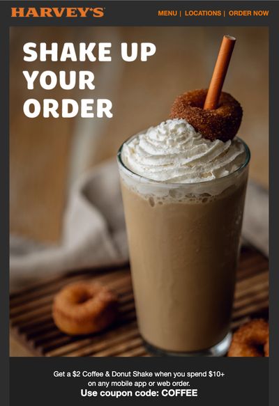 Harvey’s Canada Promotions: Get a $2 Coffee & Donut Shake when you spend $10+ on Mobile App or Web Order, with Coupon Code